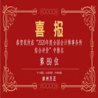 全國會計師事務(wù)所綜合評價排名公布，我公司位列89名！